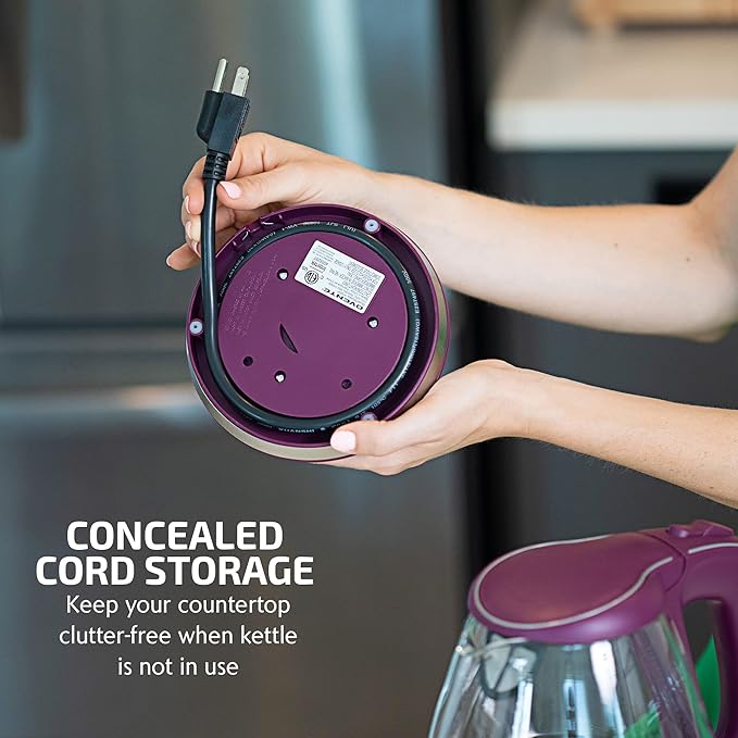 OVENTE Electric Kettle, 1.5L Borosilicate Glass Countertop Water Heater and Boiler for Coffee or Tea, BPA-Free, Auto Shut-Off, Boil-Dry Protection, Removable and Washable Spout Filter, Purple KG83P