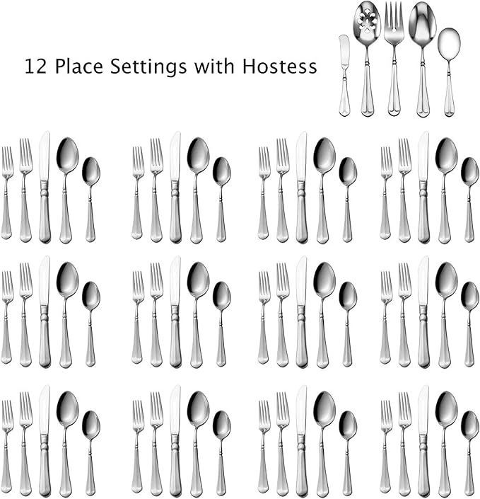 Mikasa French Countryside Flatware Set for 12, 65 Piece 18/10 Stainless Steel Silverware with Elegant Scroll Design and Serving Utensils, Durable Dinnerware Service