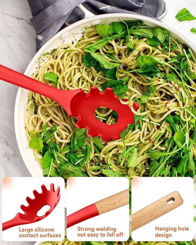 Kitchen Utensils Set, 13PCS Silicone Cooking Utensils, Heat Resistant Kitchen Utensil Spatula Set for Nonstick Cookware, Wooden Handles Kitchen Gadgets Tools Set (RED)