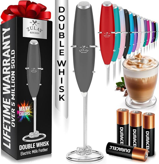 Zulay Kitchen Whisk Milk Frother with 4 Duracell Batteries - Powerful Handheld Foam Maker for Coffee, Lattes, Matcha, Hot Chocolate & Cappuccinos - Whip Creamy Froth in Seconds