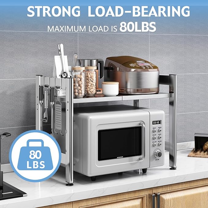 Extendable Microwave Oven Rack，Adjustable Microwave Stand Kitchen Counter Shelf Kitchen Utensils Storage, Stainless Steel 2-Tier Over Microwave Shelf Countertop Organizing Rack with 4 Hooks（S）