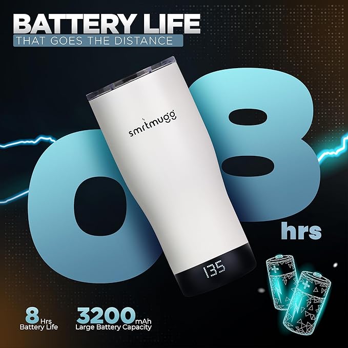 X Heated Coffee Mug 19 oz., 8 Hour Battery Life, Self-Heating, Adjustable Temp Controlled, LCD Screen, Includes Cover with Magnetic Slider (Black) (White)