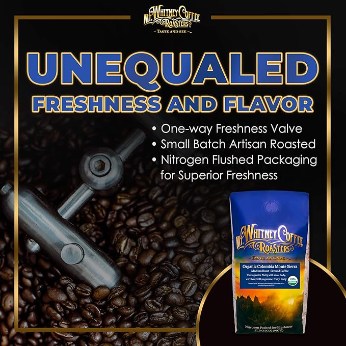 Mt. Whitney Colombia Monte Sierra Organic, Single Origin, Medium Dark Roast, Smooth Full Flavored, Low Acid Coffee (Ground, 2 Lb)