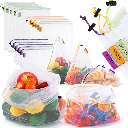 Blcculi 15 Pack Reusable Produce Bags,Washable Mesh Produce Bags,Mesh Grocery Bag with Drawstring & Colorful Tare Weight Tags,See-Through Vegetable Bag for Grocery Shopping,Fruits,3 Sizes