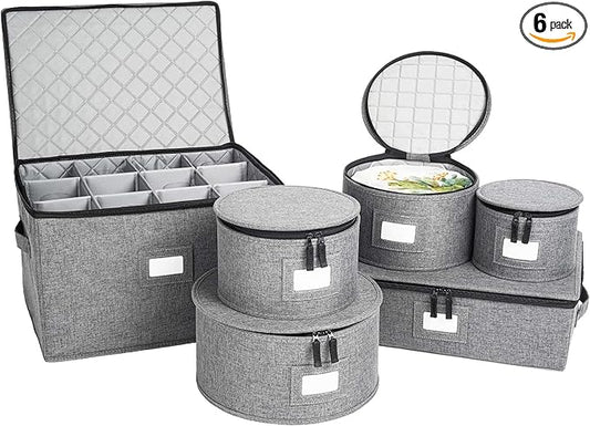 storageLAB China Storage Containers, Hard Shell Case with Felt Dividers for Charger Plates, and Dishes, Ideal for Kitchen Organization, Moving Supplies, and Fine China Storage - 6-Piece Set, Gray
