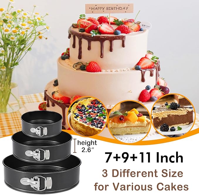 Springform Pan Set of 3 Nonstick 7 9 11 Inch Cheesecake Pan, Leakproof Spring Form Pans for Cheesecake with Removable Bottom, Springform Round Cake Pans Sets for Baking with 60 Parchment Paper