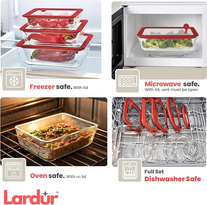 Glass Food Storage Containers with Glass Lids 3 Pack - Square Meal Prep Food Container Set with Airtight Lids - Microwave & Dishwasher Safe, 100% Plastic Free, Vented, Gift Packaged, Red Color