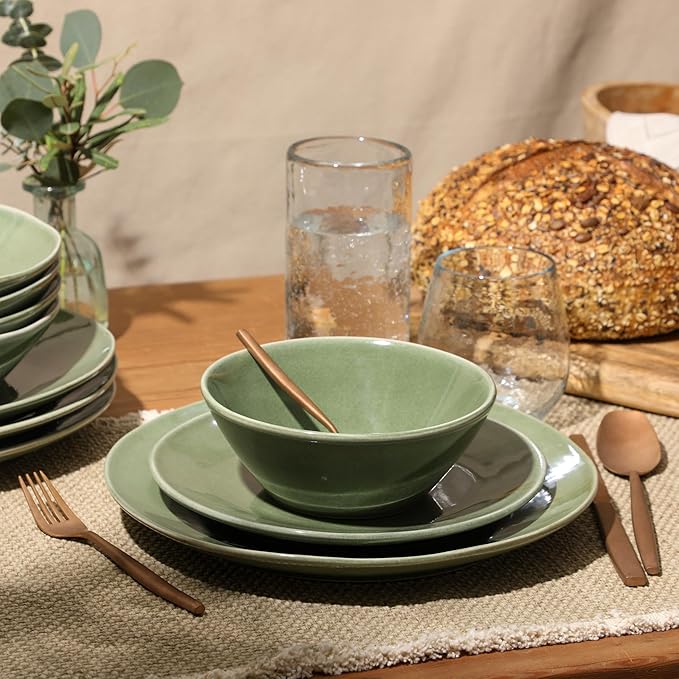 Bloomhouse Montecito Breeze 16 Piece (Service for 4) Double Plates and Bowls Stoneware Reactive Glaze Dinnerware Set - Cyprus Green