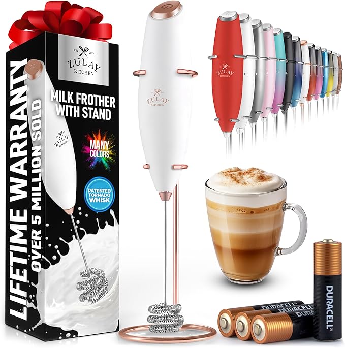 Zulay Kitchen Patented Tornado Triple Whisk Milk Frother with 4 Duracell Batteries – Handheld Foam Maker for Coffee, Lattes, Matcha & Hot Chocolate – Rich, Creamy Froth in Seconds