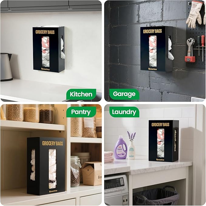 Extra Large Bamboo Plastic Bag Holder Black- Under Sink, Cabinet & Wall Mount Storage - Multipurpose Gorcery Bag Organizer with Space-Saving Design for Kitchen, Pantry, Bathroom, Garage