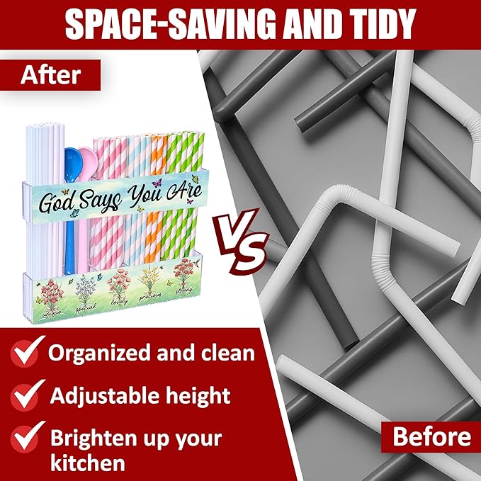 Acrylic Straw Holder for Cabinet Door or Countertop - Clear Organizer & Dispenser with Stickers for Reusable Tumbler Straws, Space-Saving Kitchen Accessories Container, Cupboard Storage