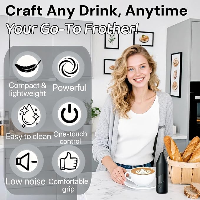 Milk Frother Handheld,Hand Mixer For Drinks with Detachable Stainless Steel Whisk,Electric Whisk for Coffee,Lattes,Cappuccino&Matcha,Cold Foam Frother with Easy-Clean&Portable Design-Black