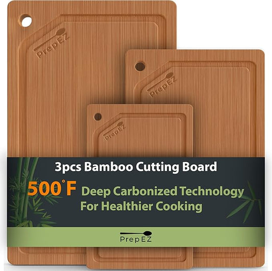 Heavy-Duty Cutting Boards for Kitchen – (Pack of 3) Wood Cutting Board Set – Bamboo Cutting Board Set with Deep Juice Grooves – Ideal for Chopping Meat, Vegetables & Fruits etc.