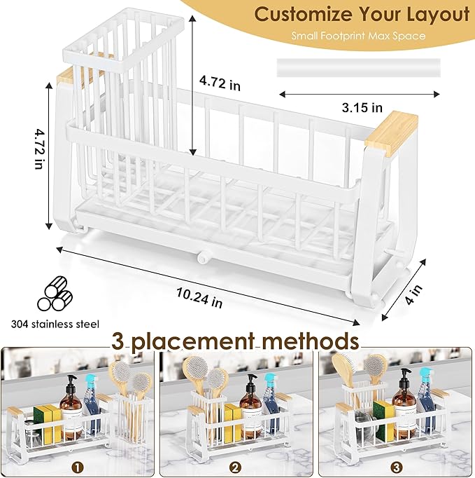 Doasuwish Kitchen Sink Caddy with High Brush Holder,Self-Draining kitchen Countertop Organizer,Rustproof 304 Stainless Steel,Non-Slip Stability High Storage Sponge Holder for Kitchen Sink White