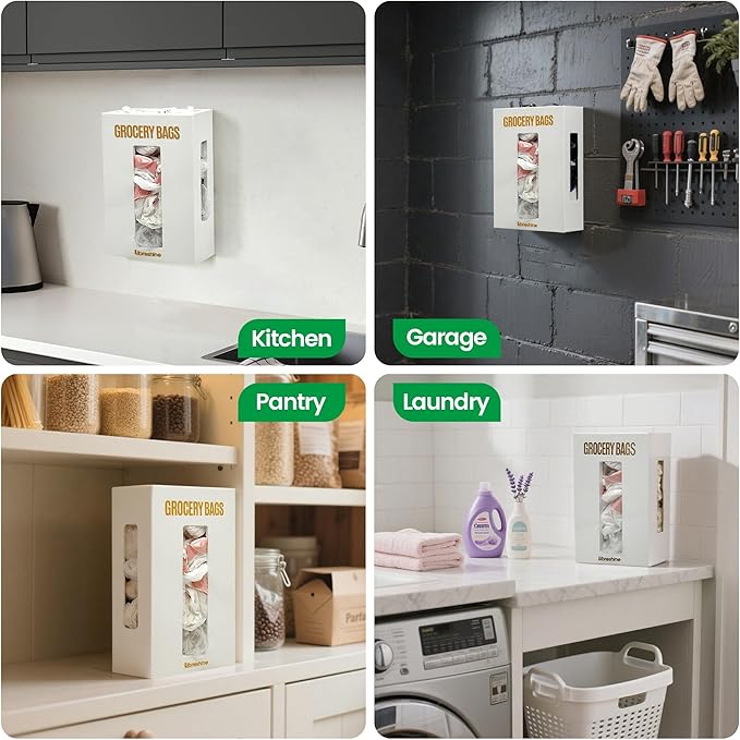 Large Grocery Bag Organizer Under Sink, Plastic Bag Holders for Grocery Bags Cabinet, Bamboo Grocery Bag Holder Wall Mount White