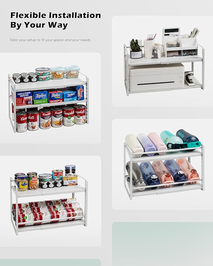 2-Tier Storage Rack Organizer for Foil Plastic Wrap Box Spice Bottle Seasoning Can Kitchen Countertop Pantry Desktop Cabinet Under Sink Coffee Station Organization Shelf Expandable Adjustable Metal