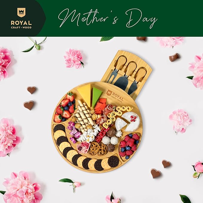 ROYAL CRAFT WOOD Bamboo Cheese Large Round Board and Knife Set with Charcuterie Board & Serving Tray Non - Expandable