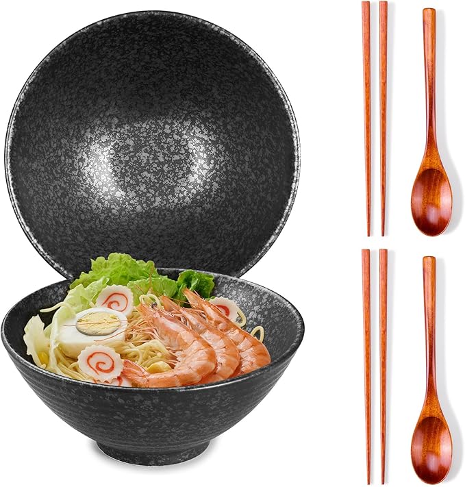2 x 40 OZ ceramic ramen bowls, 8 IN large Japanese noodle soup bowl, match chopsticks and spoons, suitable for Pho, Udon Asian noodles (Black color 2 set)