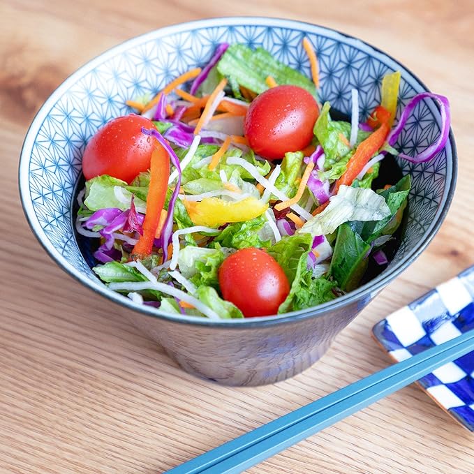Asayu Japan Asanoha Indigo Ceramic Bowl – Medium Japanese Ramen, Rice, Soup & Salad Bowl with Traditional Leaf Pattern, Made in Japan