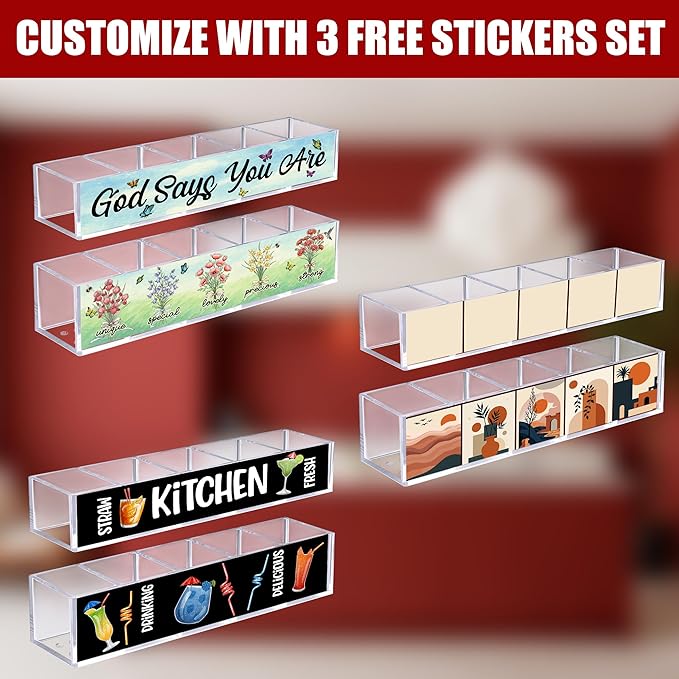 Acrylic Straw Holder for Cabinet Door or Countertop - Clear Organizer & Dispenser with Stickers for Reusable Tumbler Straws, Space-Saving Kitchen Accessories Container, Cupboard Storage