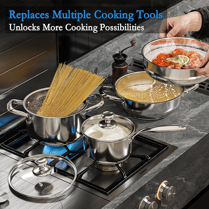 Pots and Pans Set,12-Piece Stainless Steel Cookware Set, Induction Ready Kitchen Cooking Set, Includes Saucepans, Stockpot, Steamer & Strainer Basket, Glass Lids, Dishwasher & Oven Safe