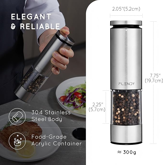 Electric Salt and Pepper Grinder Set Rechargeable, Automatic Salt and Pepper Grinder Set with Oversized Top Button, Stainless Steel Electric Salt and Pepper Shakers Set