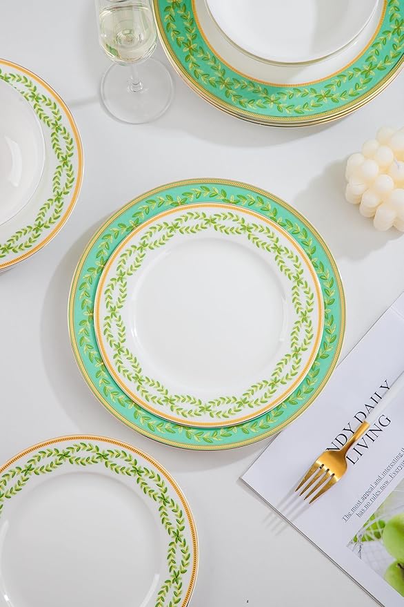 12-Piece Bone China Dinnerware Set with Gold Rim, Handcrafted Jingdezhen Design, Glazed Inner Patterns, Service for 4 – Green Collection