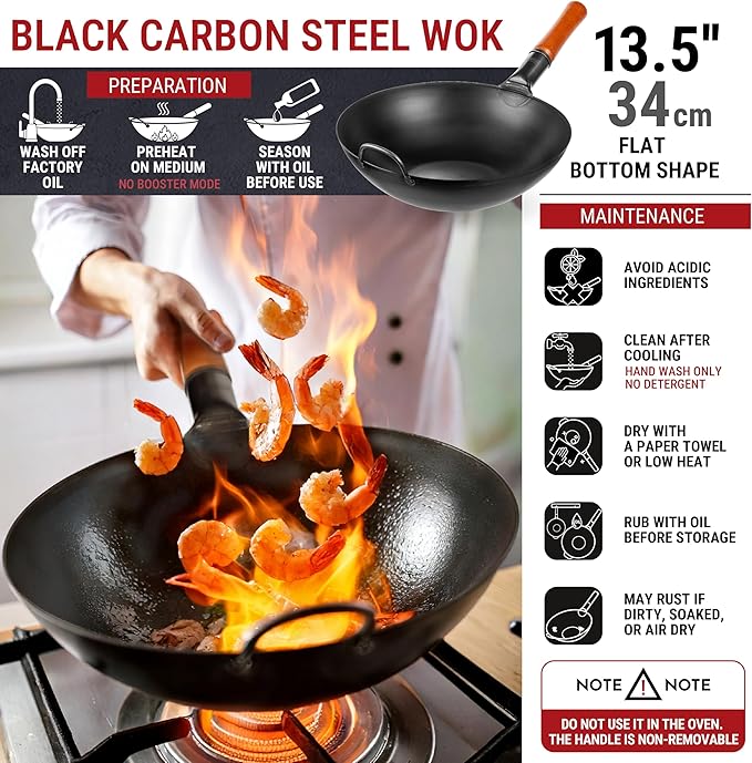 YOSUKATA 13.5" Carbon Steel Wok Pan – Pre-Seasoned Flat Bottom Pow Wok for Stir Fry, BBQ, Grill & Camping – Traditional Japanese Chinese Cookware – Compatible with Induction, Electric, Gas, Open Fire