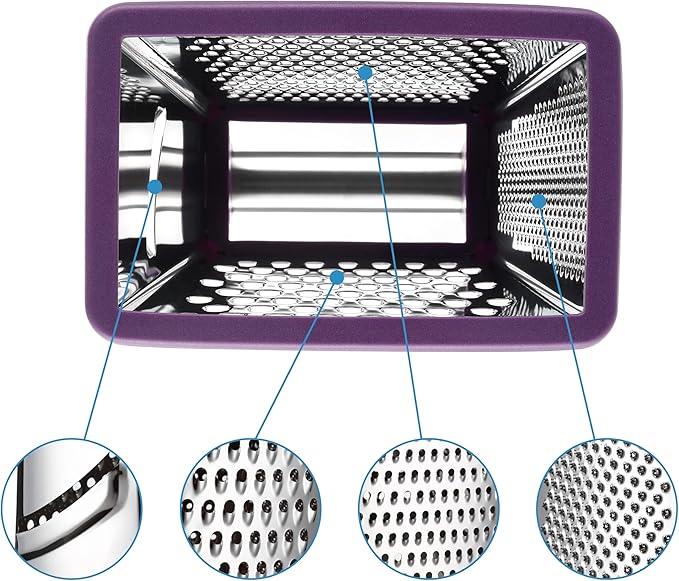 Spring Chef Purple Professional Stainless Steel XL Parmesan Cheese Grater with Handle - Manual Box Grater for Kitchen, 4 Sides, Dishwasher Safe Food Shredder for Vegetable, Potato, Hard Cheese, Carrot