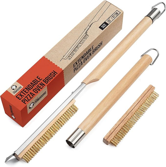 Chef Pomodoro Pizza Oven Brush with Scraper - Adjustable Handle (55cm to 87.7cm), Pizza Stone Brush, Pizza Oven Cleaning Brush, Outdoor Pizza Oven Accessories for Pizza Stones, BBQ Grill, and Ovens