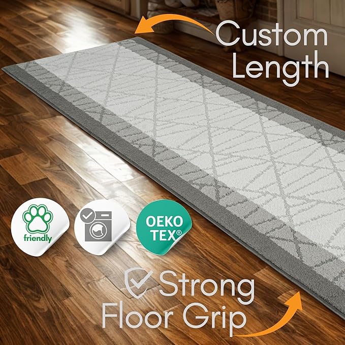 10 ft Grey Hallway Kitchen Rug | Custom Length – Cut to Fit Your Space | Slip Resistant, Non-Skid Backed | Easy to Clean, Washable, Durable, Pet Friendly | 2'1" x 10'1'' Runner Size | REMNAZ