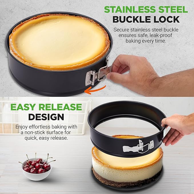 NutriChef 3-Piece Nonstick Springform Pan Set - Premium Carbon Steel Cheesecake Pans with Stainless Steel Clasp - 6", 8", 10" Sizes, Oven Safe up to 450°F - Includes 300pcs Parchment Paper (Black)