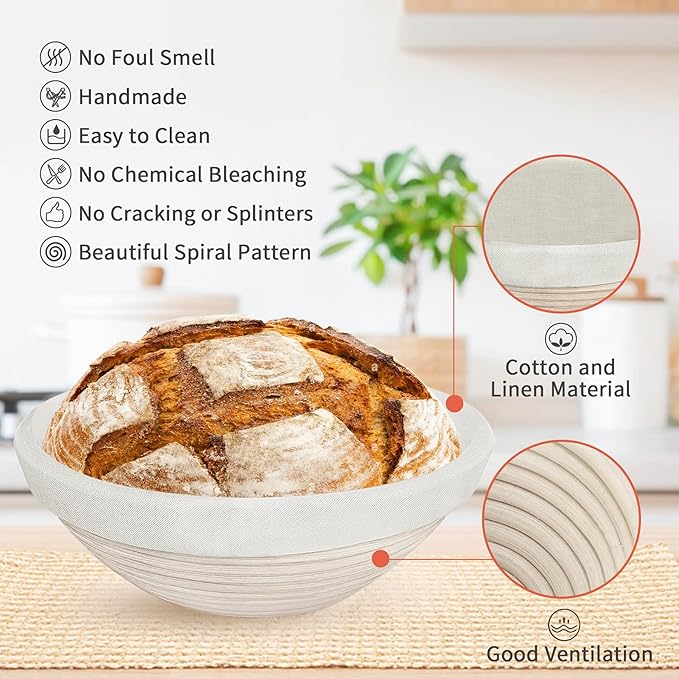 10 Inch Round & Oval Sourdough Proofing Basket Set, Banneton Bread Proofing Basket with Starter Jar, Sourdough Starter Kit Includes Bread Knife & Bread Board Natural Rattan for Perfect Loaves