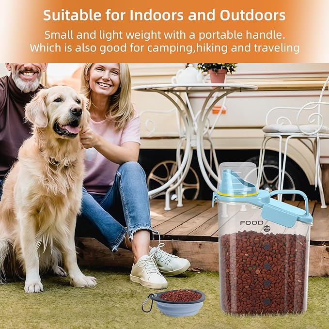 Dog Food Storage Container, Upgraded Large Nozzle BPA-free, 3-5 LBS Plastic Pet Food Storage Containers, With 4 Sealed Clasps, 1 Measuring Cup and Handle (Sunshine Blue)