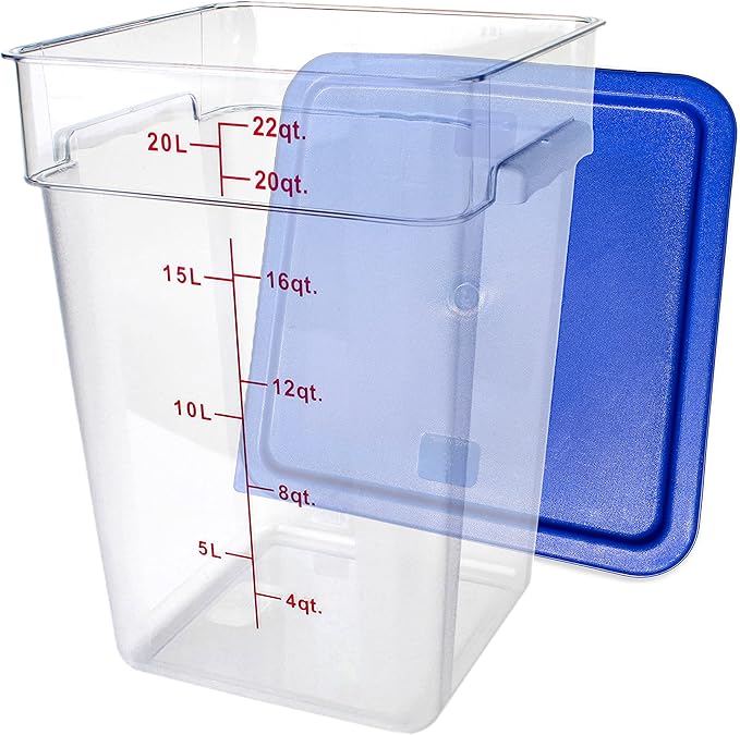 Tiger Chef 22 Quart Commercial Grade Clear Food Storage Square Polycarbonate Containers with Blue Lids (4 Pack)