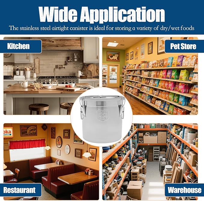 304 Stainless Steel Airtight Canister for Kitchen, 5.55 Gal Canisters Container with Lids and Sturdy Locking Clamp, Metal Food Storage Containers for Flour Grain Coffee Bean, 21L