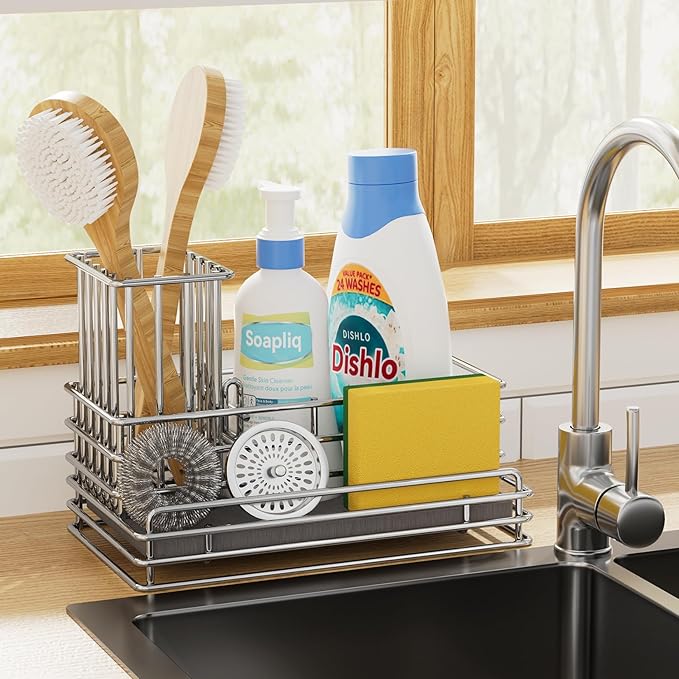 Yofidra Kitchen Sink Caddy with Instant Drying Stone, Metal Stainless Steel Dish Sponge Holder Basket for Sponges, Scrubbers, Soap, 9.5" X 5.5" X 5.7" Sink Box Organizer
