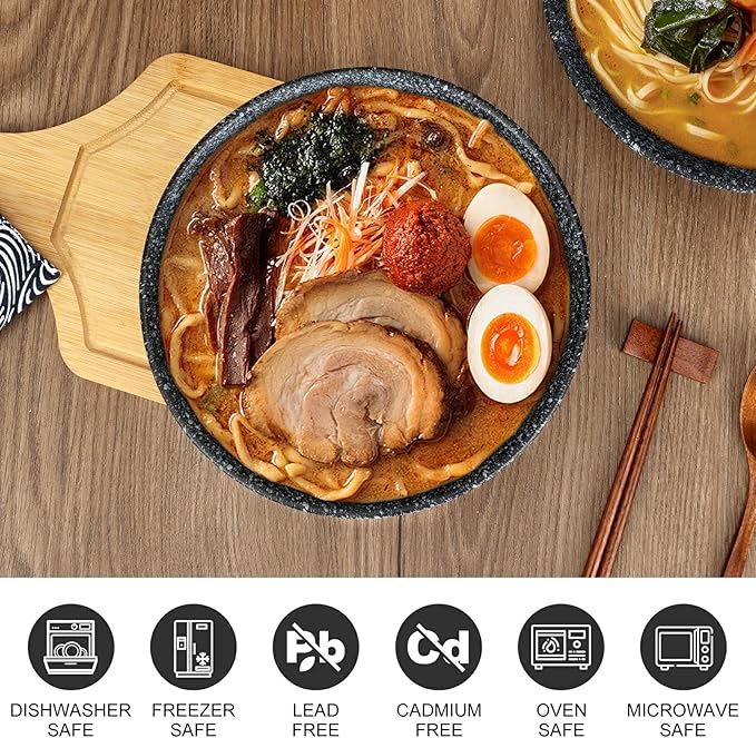 8 Inch Japanese Ramen Bowl Set, Ceramic Pho Bowls and Spoons Set of 2 with Chopsticks and Spoon for Ramen Soup Pho Udon Asian Noodles, Black