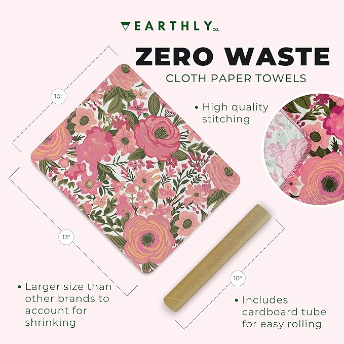 Reusable Paper Towels - 10 Pack - Roll of Washable Cotton Cloth Paper Towels - Paperless Reusable Napkins Cloth Washable - Absorbent + Long Lasting - Zero Waste Products - (Flower Power)