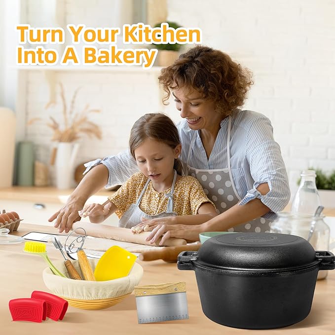 Pre-Seasoned Cast Iron Dutch Oven Pot with Skillet Lid, 5 Qt Bread Dutch Oven Includes Proofing Basket Sourdough Starter Kit for Bread Baking, Camping, Frying and Braising