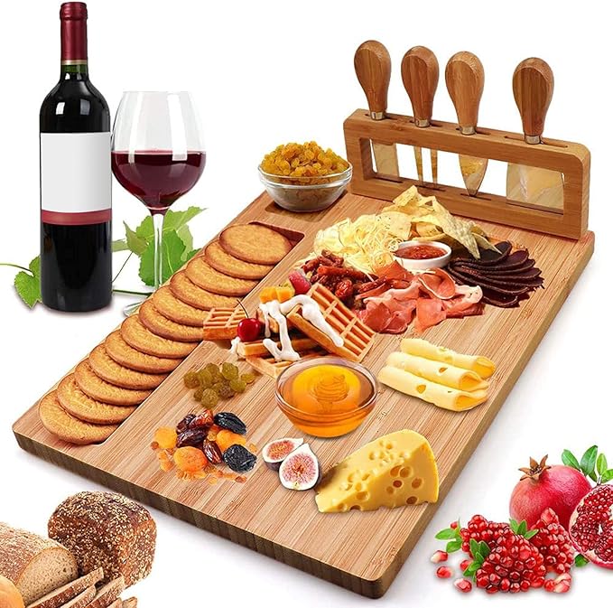 Bamboo Cheese Board Set, Cheese Tray, Charcuterie Board and Serving Meat Platter with 4 Stainless Steel Cheese Knives, Ideal for Wedding Gifts Christmas Birthday Party (14''x11'')