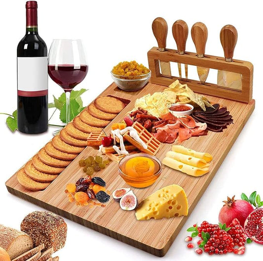 Bamboo Cheese Board Set, Cheese Tray, Charcuterie Board and Serving Meat Platter with 4 Stainless Steel Cheese Knives, Ideal for Wedding Gifts Christmas Birthday Party (14''x11'')
