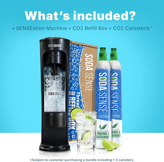 Soda Sense SENSEation Sparkling Water Maker Bundle, Includes Machine, 2 Threaded CO2 Canisters & Re-usable Carbonation Bottle