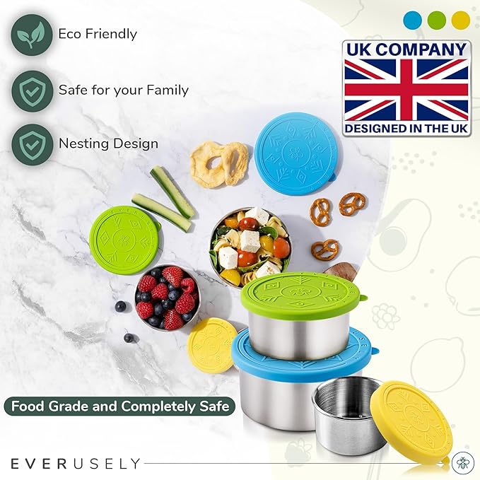 Everusely - Stainless Steel Food Containers - 3 Pack, Summer - Lunch Box - Snack Containers for Office, Home Food Storage - Leakproof with Silicone Lids - Dishwasher & Freezer Safe