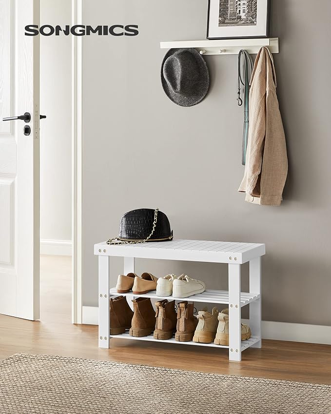SONGMICS Shoe Rack Bench, 3-Tier Bamboo Shoe Storage Organizer, Entryway Bench, Holds Up to 286 lb, 11.3 x 27.6 x 17.8 Inches, for Entryway Bathroom Bedroom, Cloud White ULBS004W01
