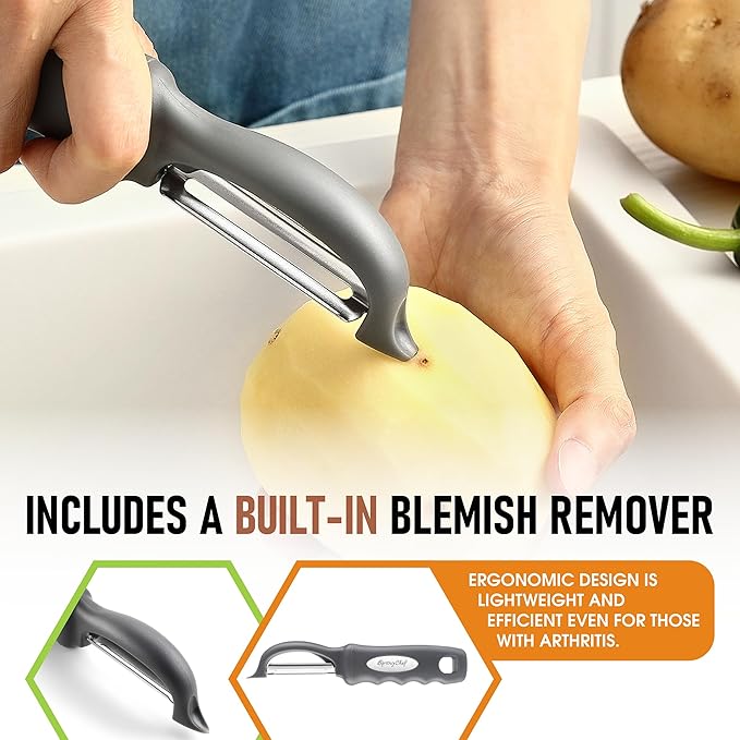 Spring Chef Premium Swivel Vegetable Peeler, Comfortable Handle and Ultra Sharp Stainless Steel Blades - Perfect Kitchen Peeler For Veggie, Fruit, Potato, Carrot, Apple - Gray