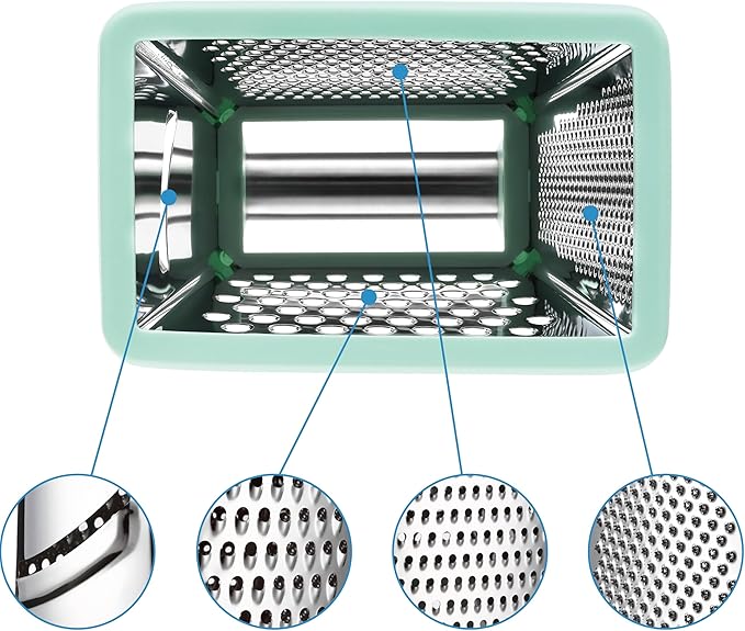 Spring Chef Professional Cheese Grater - Stainless Steel Box Grater for Kitchen, XL Size - Perfect 4 Sided Shredder for Parmesan Cheese, Vegetables, Ginger - Dishwasher Safe - Mint