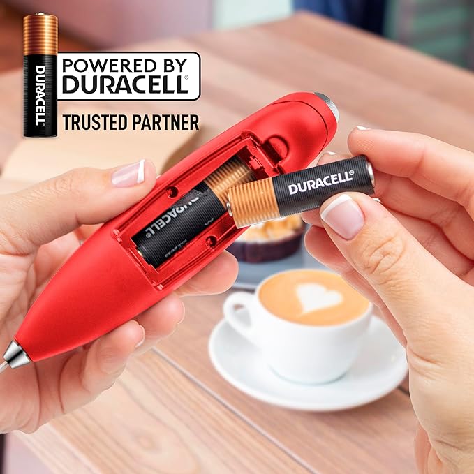 Zulay Kitchen Milk Frother Wand Drink Mixer with AA Duracell Batteries- Durable Handheld Milk Frother Electric Whisk - Easy-Clean Milk Frother Wand & Mini Blender - Electric Coffee Frother - Red