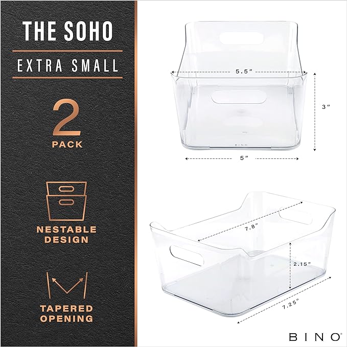 BINO | The SOHO Collection Plastic Storage Bins, X-Small - 2 Pack, Clear | Pantry and Fridge Organizer Containers, Kitchen Cabinet and Medicine Cabinet Bins