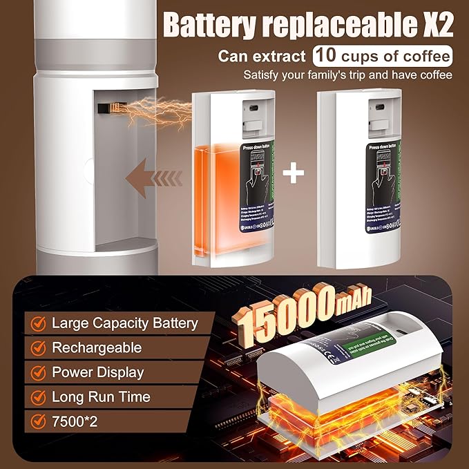 Portable Coffee Machine with 2 Removable rechargeable Batteries 15,000mAh, Electric Coffee Maker for Camping & Travel, 80ml Hot/Cold Coffee, 20bar, USB-C Espresso Machine, Camping Coffee Makers White